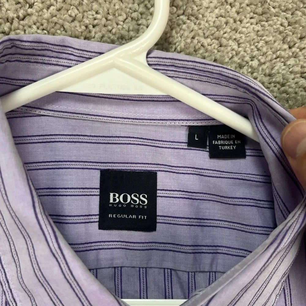 BOSS Hugo Boss Regular Fit Striped Dress Shirt Purple Lavender Mens L Large‎